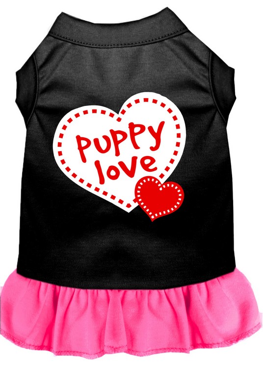 Puppy Love Screen Print Dress Black with Bright Pink Med